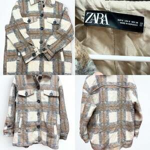 ZARA Oversized Plaid Flannel Shacket Shirt Jacket in Beige and Grey